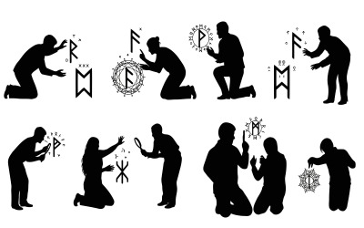 Silhouette of people interacting with mystical symbols and logos isolated on white background