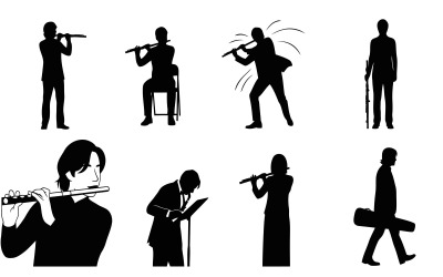 Silhouette of various flute players in different poses and settings isolated on white background