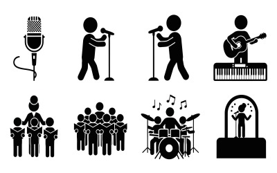 Silhouettes noires minimalistes d&amp;#39;icônes musicales et de musiciens en pleine performance, isolées sur fond blanc.