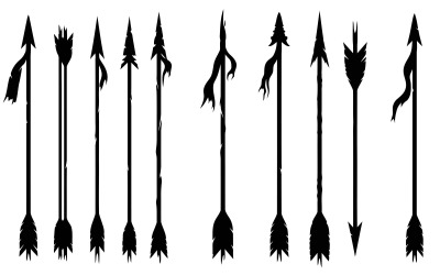 Ten black silhouette arrows in various styles on vector illustration isolated on white background
