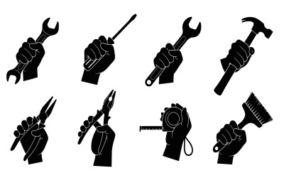 Vector illustration of hands holding various tools in silhouette style isolated on white background