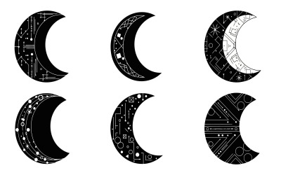 Vector illustration of six crescent moon shapes with various patterns isolated on white background