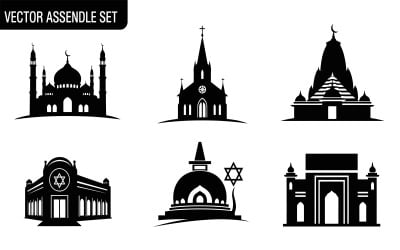 Vector illustration of six religious building silhouettes isolated on white background