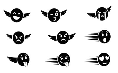 Winged emoticon faces in various expressions on , vector illustration isolated on white background