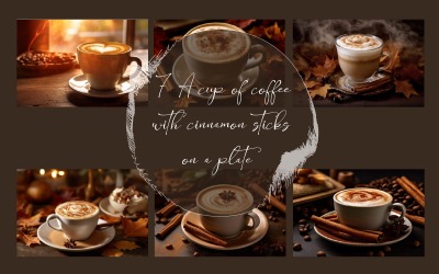 A cup of coffee with cinnamon sticks on a plate