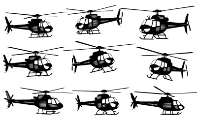 Acht zwarte helikopters in verschillende oriëntaties, silhouet, vector, geïsoleerd op een witte achtergrond.
