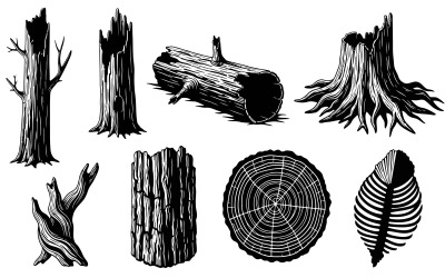 Black and white vector illustration of various tree trunks and wood isolated on white background