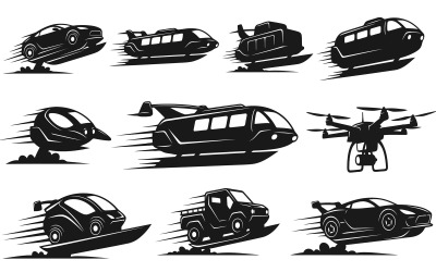 Black silhouette vector illustration of various futuristic vehicles in isolated on white background