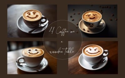 Café en una mesa de madera con una sonrisa.