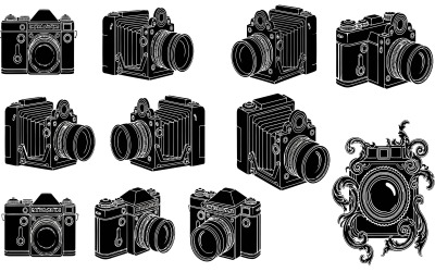 Coleção de ilustrações vetoriais em preto e branco de câmeras em diversas posições, isoladas em fundo branco.