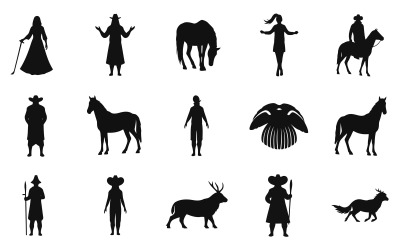 Collection of black silhouettes of people and animals in various poses isolated on white background