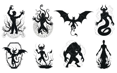 Collection of dark fantasy creature silhouettes in various poses and isolated on white background