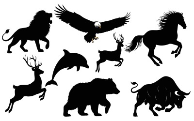 Collection of eight black animal silhouettes isolated on white background