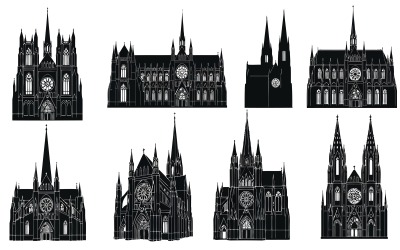 Collection of Gothic church architecture vector illustrations isolated on white background