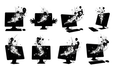 Eight black computer monitor silhouettes with abstract white designs isolated on white background