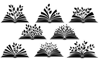 Eight black open book silhouettes with leaves growing out vector isolated on white background