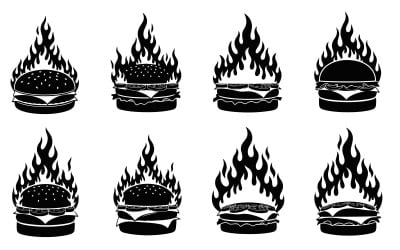 Eight black silhouette hamburger icons on fire in flat design isolated on white background