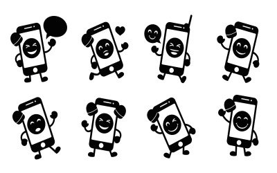 Eight cartoon smartphone characters in various poses on , vector isolated on white background