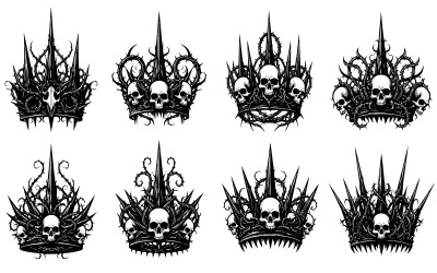 Eight ornate crown designs with skulls and spikes in black vector isolated on white background