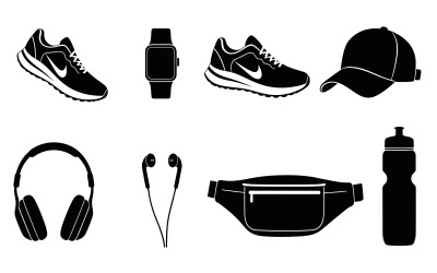 Icônes noires en silhouette d&amp;#39;accessoires de course et de fitness isolées sur fond blanc