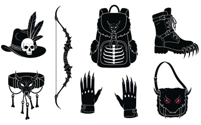 Ilustração vetorial de silhueta de acessórios de moda gótica isolada em fundo branco.