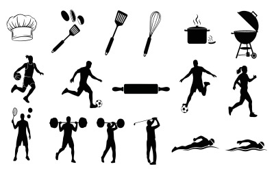 Ilustração vetorial em silhueta preta de vários esportes e culinária, isolada em fundo branco.