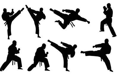 Martial arts silhouette of people performing karate kicks and punches isolated on white background