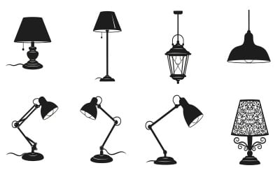 Osiem czarnych sylwetek lamp na ilustracji wektorowej na białym tle