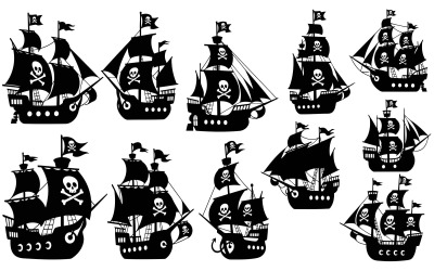 Pirate ships silhouettes with skulls and crossbones flags vector isolated on white background