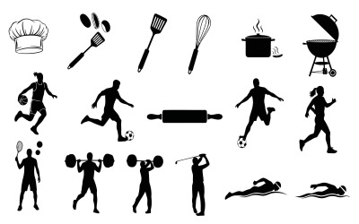 Schwarze Silhouette-Vektorillustration verschiedener Sportarten und Kochkünste, isoliert auf weißem Hintergrund