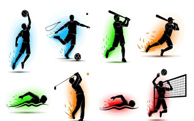 Set of eight sport silhouettes in various actions on vector isolated on white background