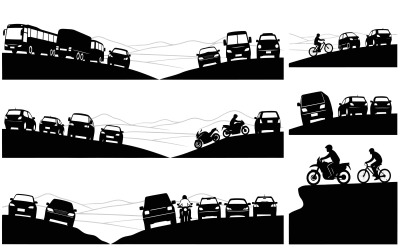 Silhouette of vehicles and cyclists on road with hill landscape isolated on white background