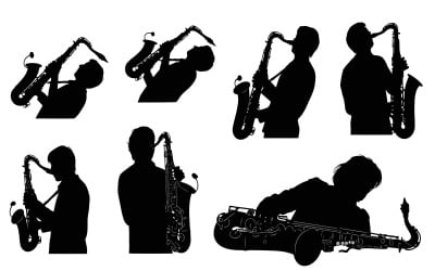 Silhouettes of musicians playing saxophone in various positions vector isolated on white background