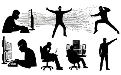 Silhueta de vários hackers trabalhando em computadores em diversas poses, isolados em fundo branco.