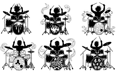 Six black silhouette drummer vector illustrations playing different isolated on white background