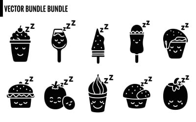 Sleepy dessert and fruit vector icons set with smiling faces isolated on white background