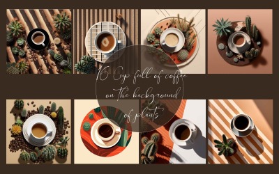 Xícara de café cheia com plantas ao fundo.
