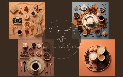 Xícaras cheias de café em diversos fundos.