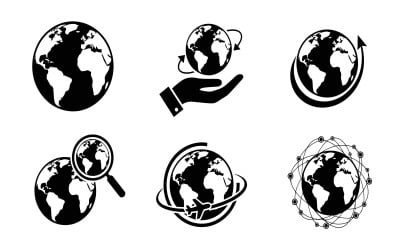 Black silhouette globe icons with various interactions vector isolated on white background