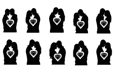 Black silhouette of couples kissing with heart symbol isolated on white background