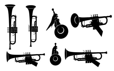 Collection of trumpet silhouettes in various orientations and styles isolated on white background