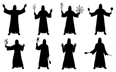 Eight black silhouettes of a wizard in various magical poses isolated on white background