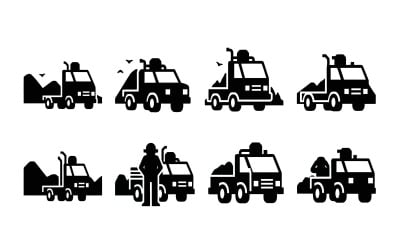 Black silhouette icon set of road sweeper vehicles and operator in isolated on white background