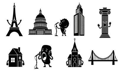 Black silhouette icons of famous landmarks and microphone singers in isolated on white background