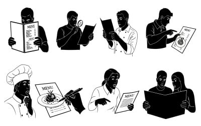 Black silhouette people reading menus vector illustration isolated on white background