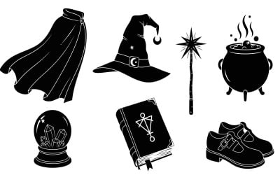Black silhouette vector illustration of magical objects isolated on white background