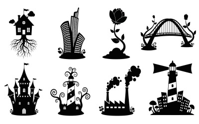 Black silhouette vector illustration of various buildings and isolated on white background