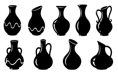 Black silhouettes of various ancient pottery vases Vector illustration isolated on white background