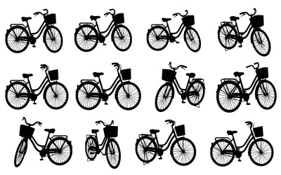 Collection of bicycle silhouettes in various positions isolated on white background