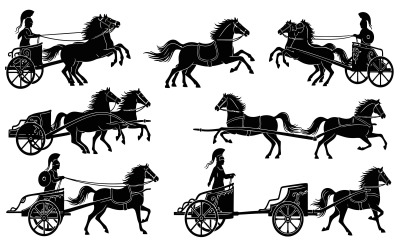 Collection of horse-drawn carriage silhouettes in various poses isolated on white background